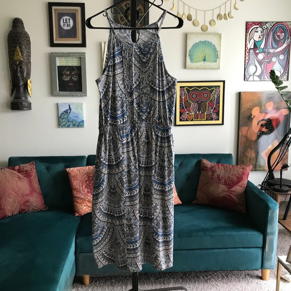 AVENTURA size L Blue & Beige Art Deco Organic Cotton Knit Fair Trade Dress